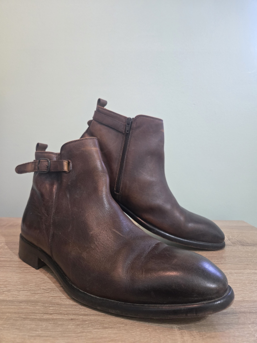 Men's Handmade Brown Leather Ankle Boots with Side Zip and Buckle Strap - Picture 2 of 6